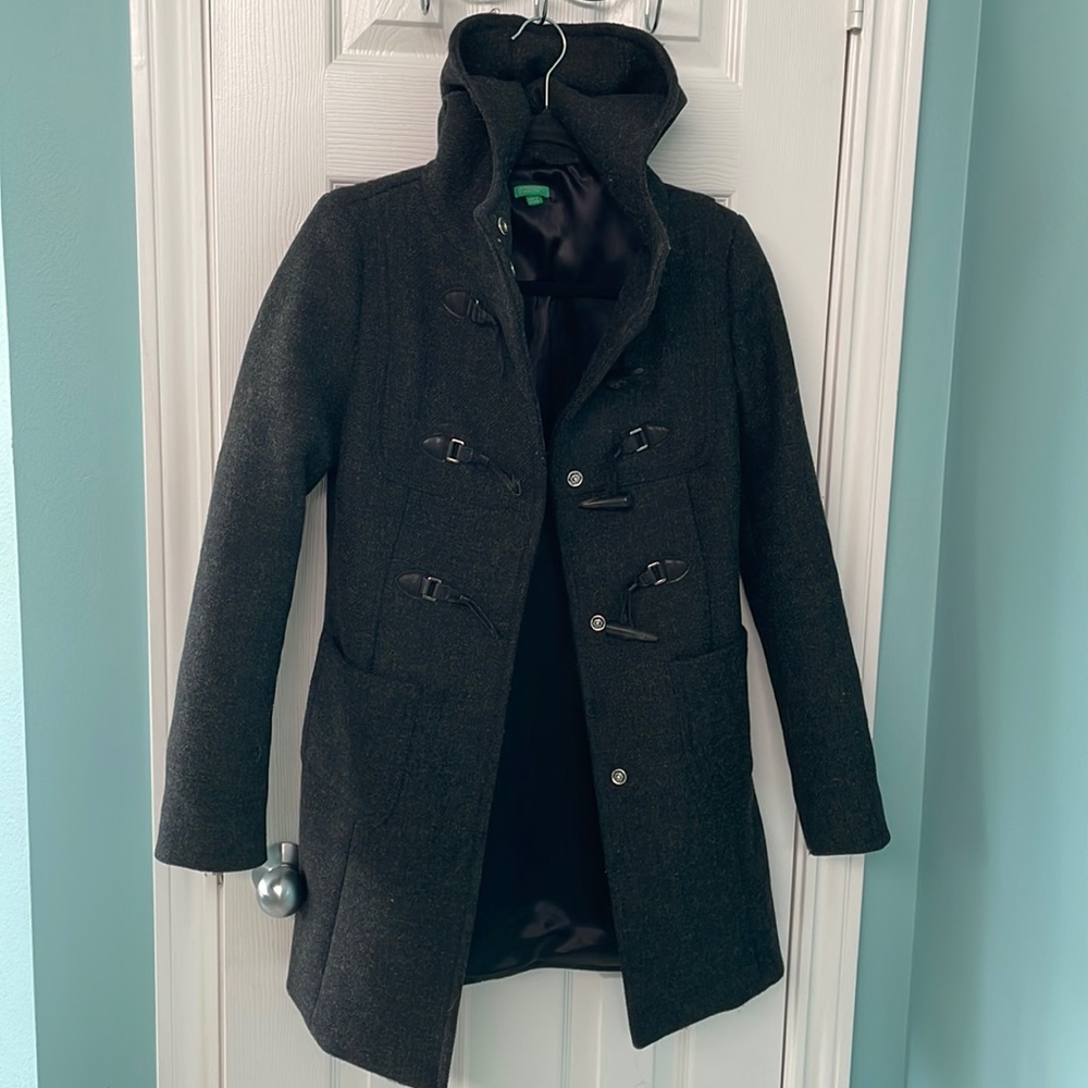 United Colors of Benetton hooded wool and leather toggle button up coat size 40